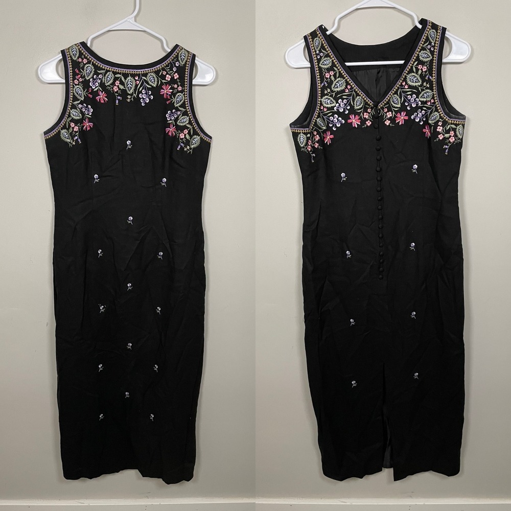 Vintage Ultra Dress Linen Blend Floral Embroidered Midi Dress Size 8 Cottagecore